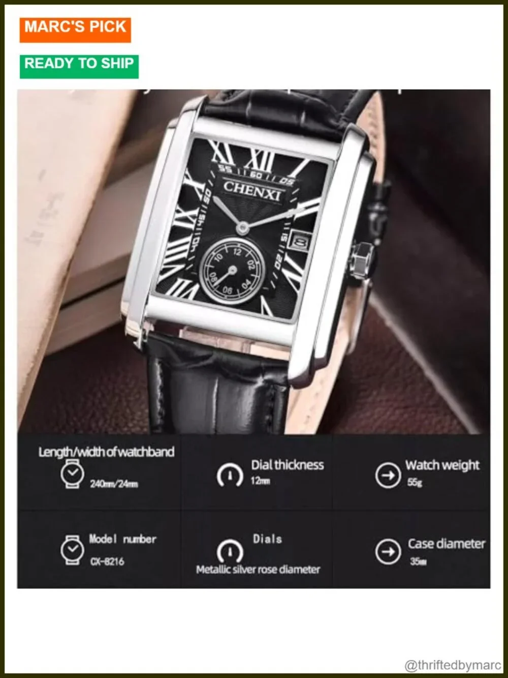 Men's Retro Rectangular Dress Watch Quartz Leather Strap Roman Numeral Calendar